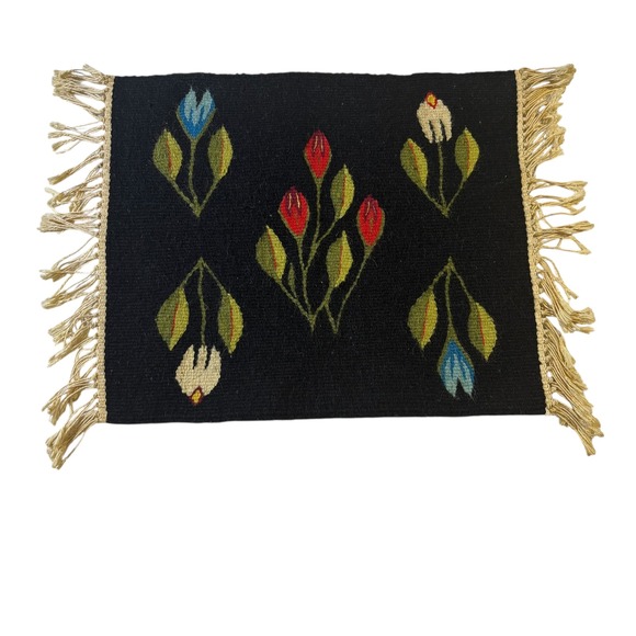 Black Floral Needlepoint Rug Small Tapestry Wall Decor Vintage Flowers - Picture 1 of 6